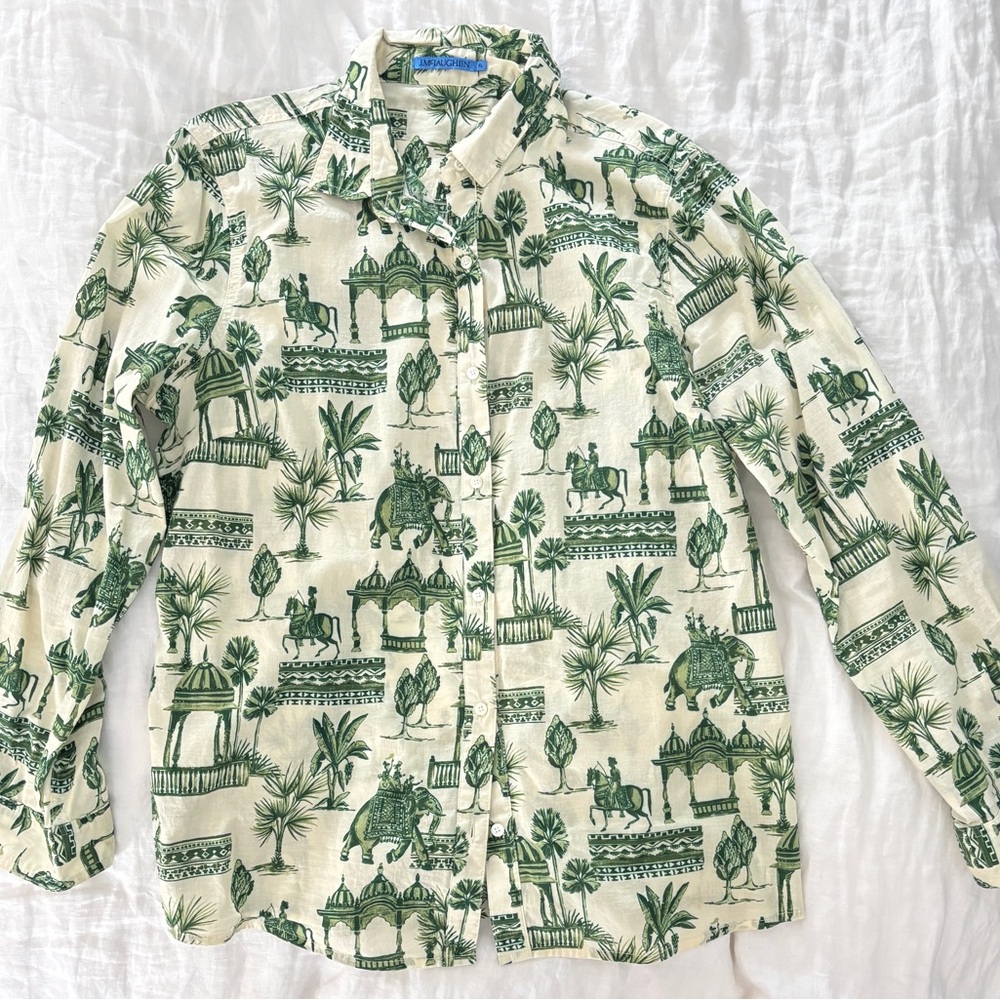 J. McLaughlin Green and Cream Scenic Print Button-Down Shirt